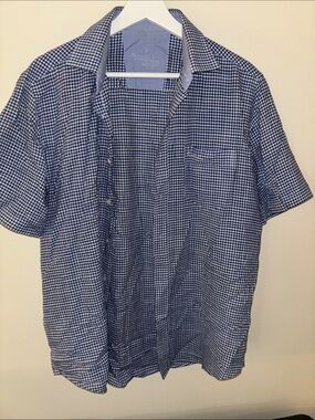 Pierre Cardin Navy and White Gingham Short-Sleeve Button-Down Shirt